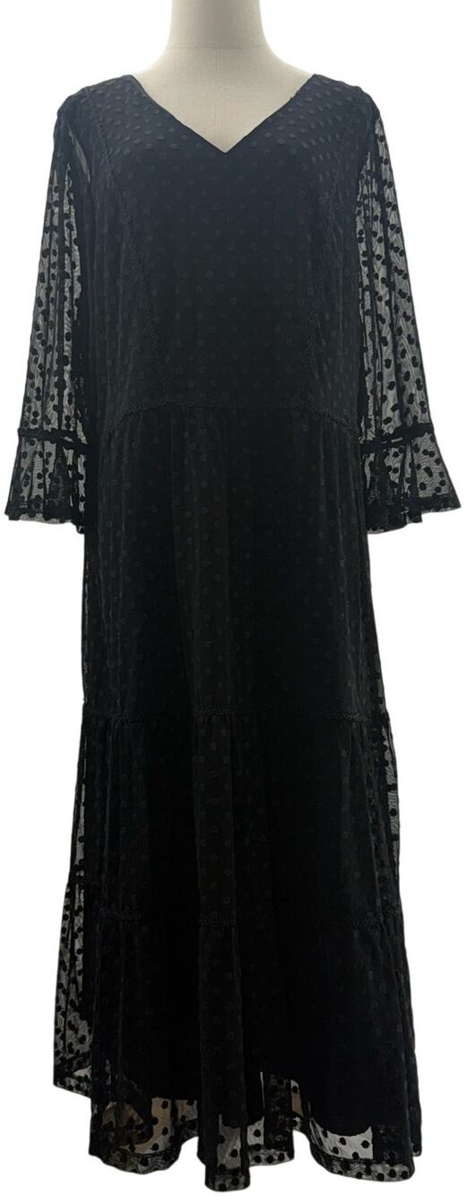 Boden Black Swiss Dot Sheer Overlay Midi Dress Women's 18R V Neck